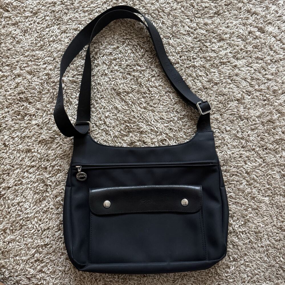 Longchamp Black Nylon and Leather Crossbody Shoulder Bag Purse Made In France